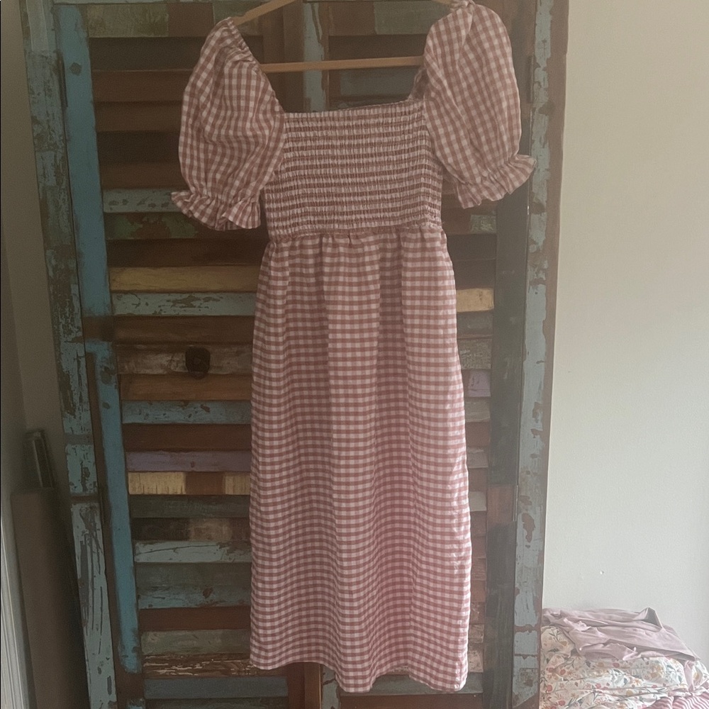 Pink Gingham Puff Sleeve Midi Dress